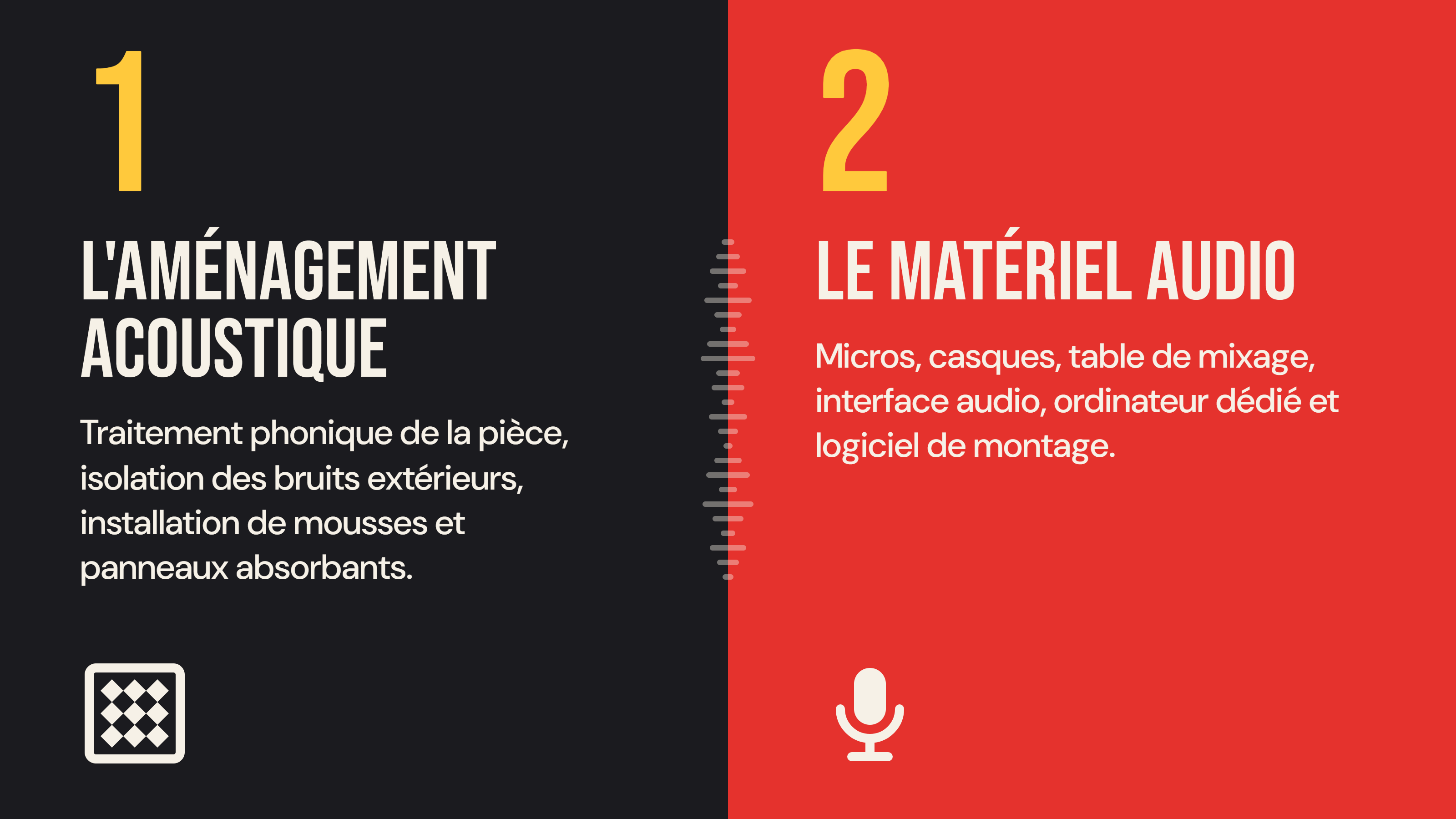 1) L'aménagement acoustique  Traitement phonique de la pièce, isolation des bruits extérieurs, installation de mousses et panneaux absorbants.    2) Le matériel audio  Micros, casques, table de mixage, interface audio, ordinateur dédié et logiciel de montage.