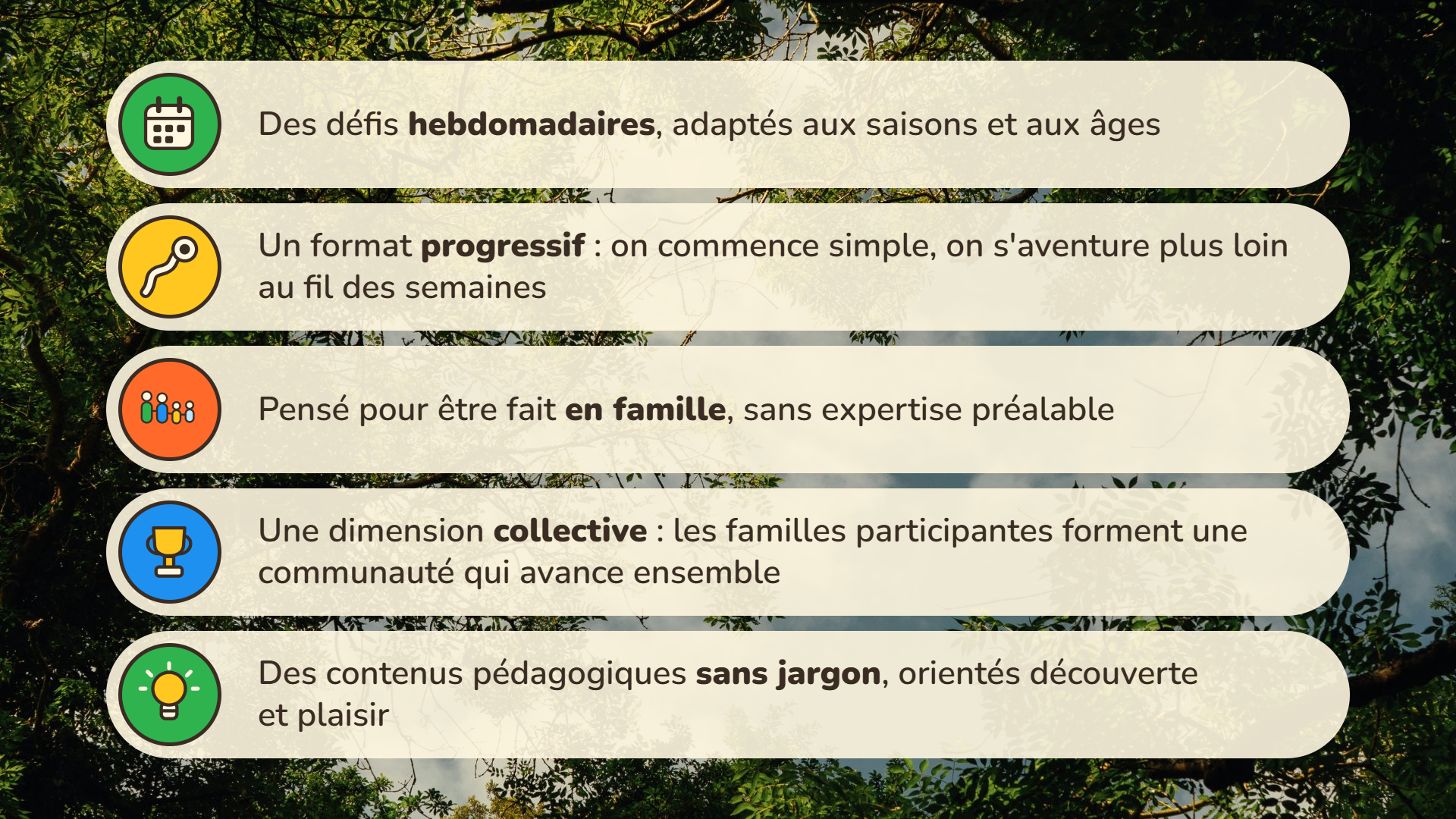 📅 Des défis hebdomadaires, adaptés aux saisons et aux âges  🎯 Un format progressif : on commence simple, on s'aventure plus loin au fil des semaines  👨‍👩‍👧 Pensé pour être fait en famille, sans expertise préalable  🏆 Une dimension collective : les familles participantes forment une communauté qui avance ensemble  💡 Des contenus pédagogiques sans jargon, orientés découverte et plaisir