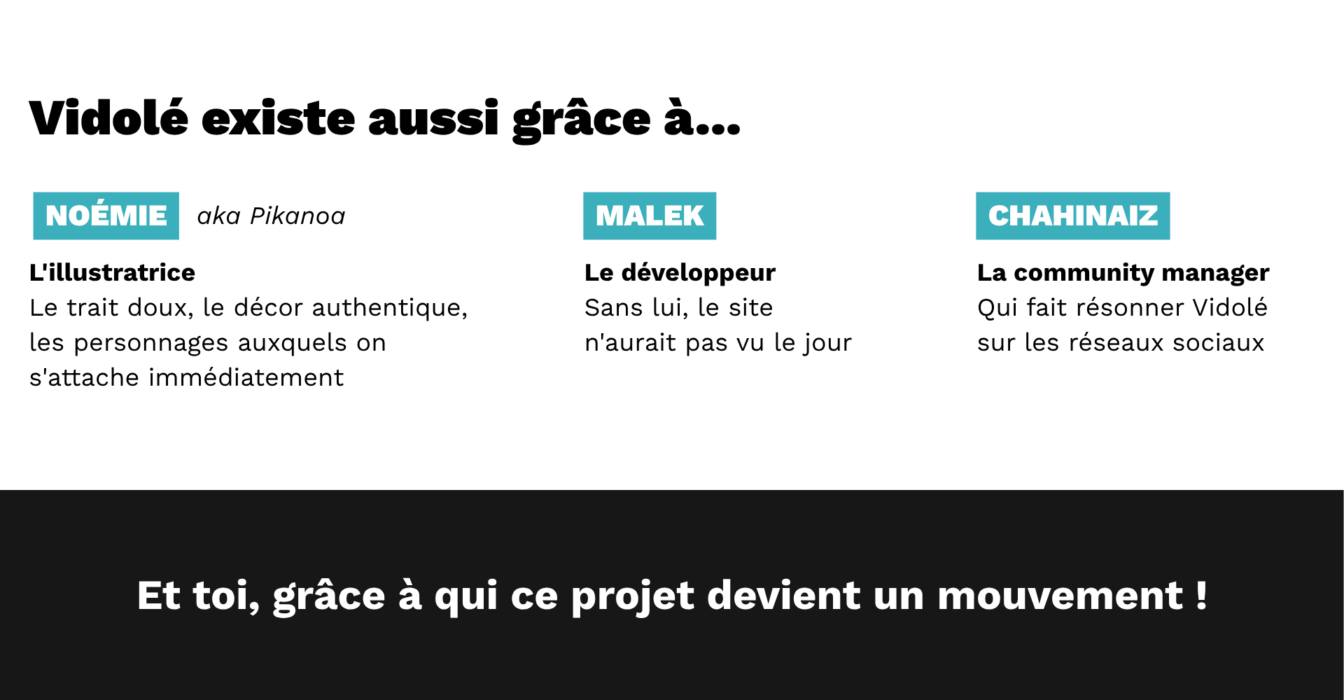 Vidolé existe aussi grâce à...  < VISUEL : 1 photo de chaque personne avec son rôle >      Noémie (aka Pikanoa), l'illustratrice : le trait doux, le décor authentique, les personnages auxquels on s'attache immédiatement    Malek, le développeur : sans lui, le site n'aurait pas vu le jour      Chahinaiz, ma community manager qui fait résonner Vidolé sur les réseaux sociaux  Et toi, grâce à qui ce projet devient un mouvement !